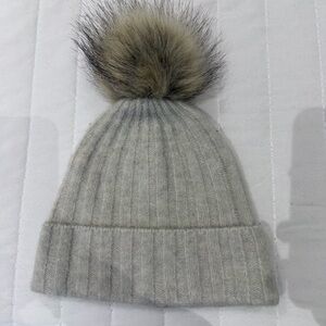 Gray Knit Beanie with Faux Fur Pom